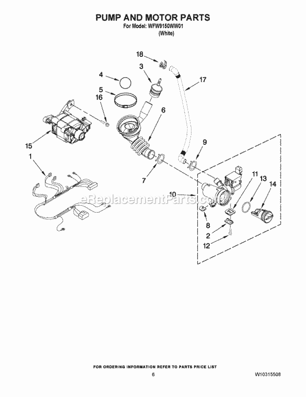 Pump And Motor Parts Diagram and Parts List for WFW9150WW01  Whirlpool Washer