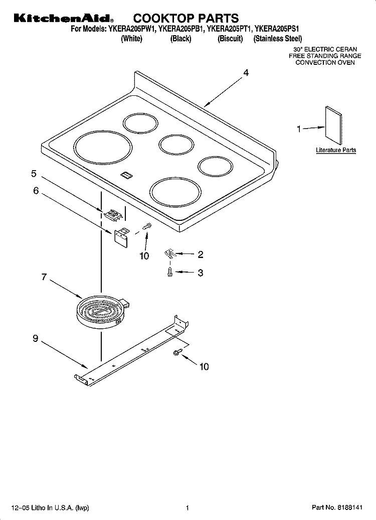 COOKTOP PARTS Diagram and Parts List for YKERA205PB1  KitchenAid Range
