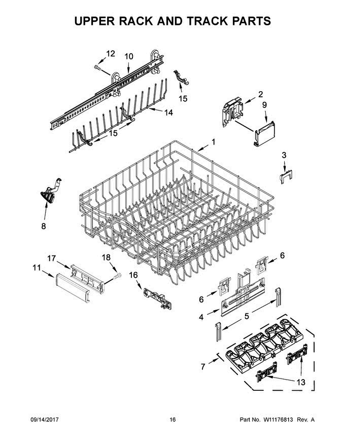 09 - Upper Rack And Track Parts Diagram and Parts List for KDTE554CSS4  KitchenAid Dishwasher