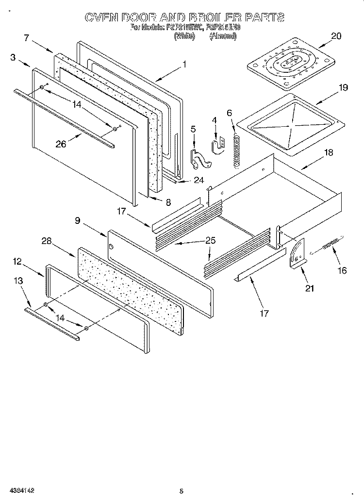 OVEN DOOR AND BROILER Diagram and Parts List for FGP215EW0  Roper Range