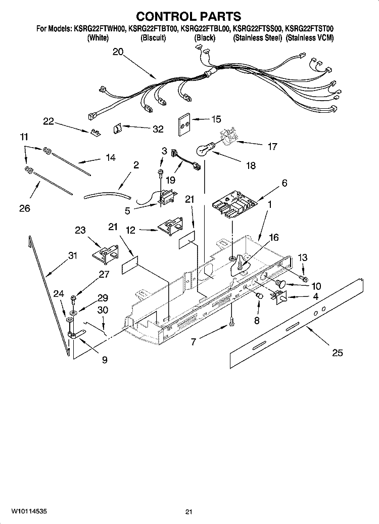 CONTROL PARTS, OPTIONAL PARTS (NOT INCLUDED) Diagram and Parts List for KSRG22FTBT00  KitchenAid Refrigerator