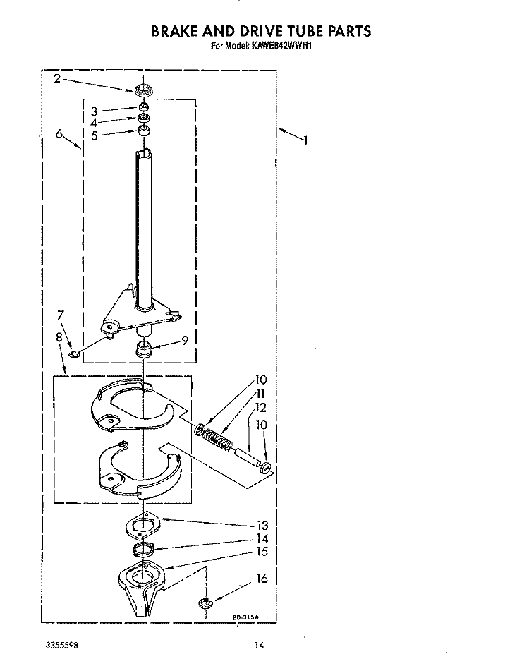 BRAKE AND DRIVE TUBE Diagram and Parts List for KAWE842WAL1  Whirlpool Washer