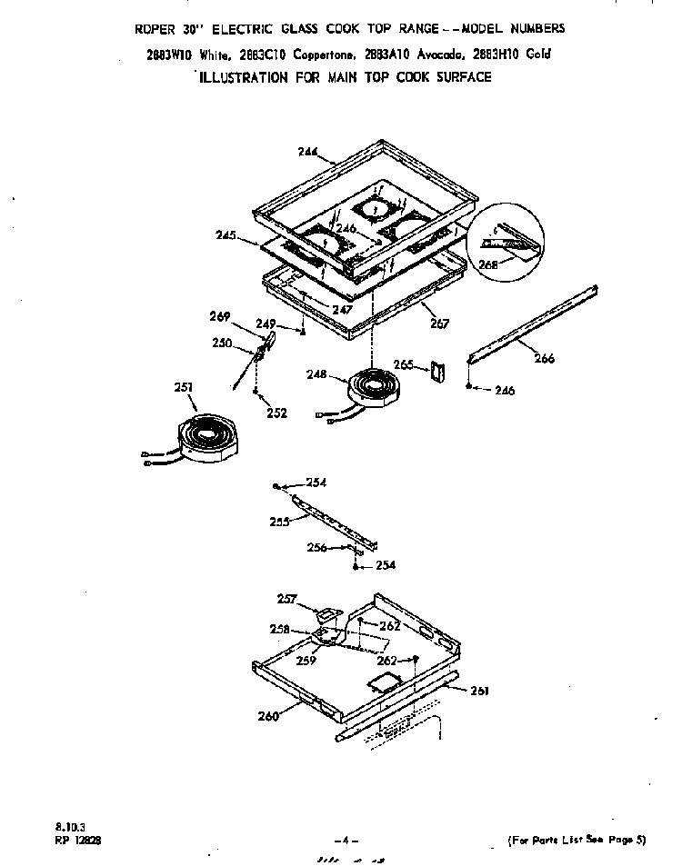 Main Top Cook Surface Diagram and Parts List for 2883*10  Roper Range