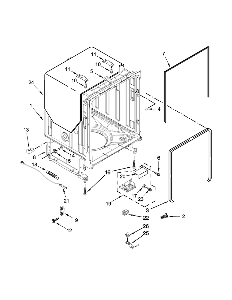 Tub And Frame Parts Diagram and Parts List for KDTE304DSS1  KitchenAid Dishwasher