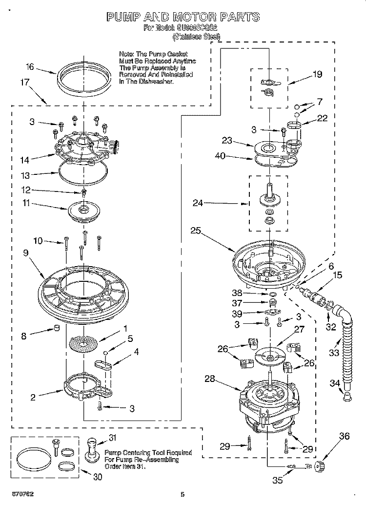 PUMP AND MOTOR Diagram and Parts List for GU980SCGS2  Whirlpool Dishwasher