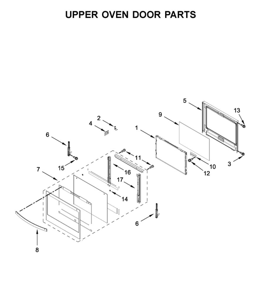 Upper Oven Door Parts Diagram and Parts List for WOD77EC7HS02  Whirlpool Wall Oven