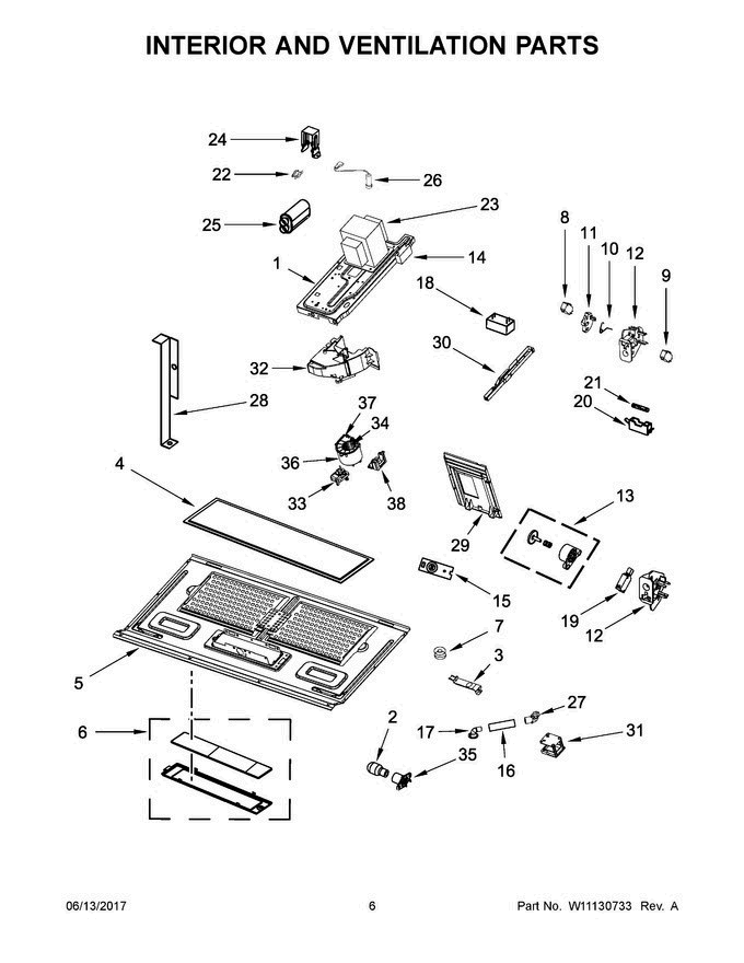 04 - Interior And Ventilation Parts Diagram and Parts List for WMH75021HV0  Whirlpool Microwave Oven Combo