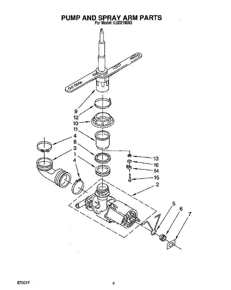 PUMP AND SPRAY ARM Diagram and Parts List for LUD2100X6  Whirlpool Dishwasher