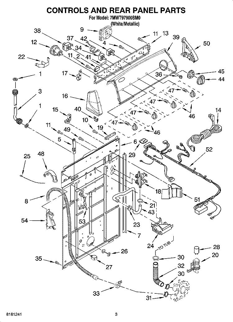 CONTROLS AND REAR PANEL PARTS Diagram and Parts List for 7MWT97900SM0  Whirlpool Washer