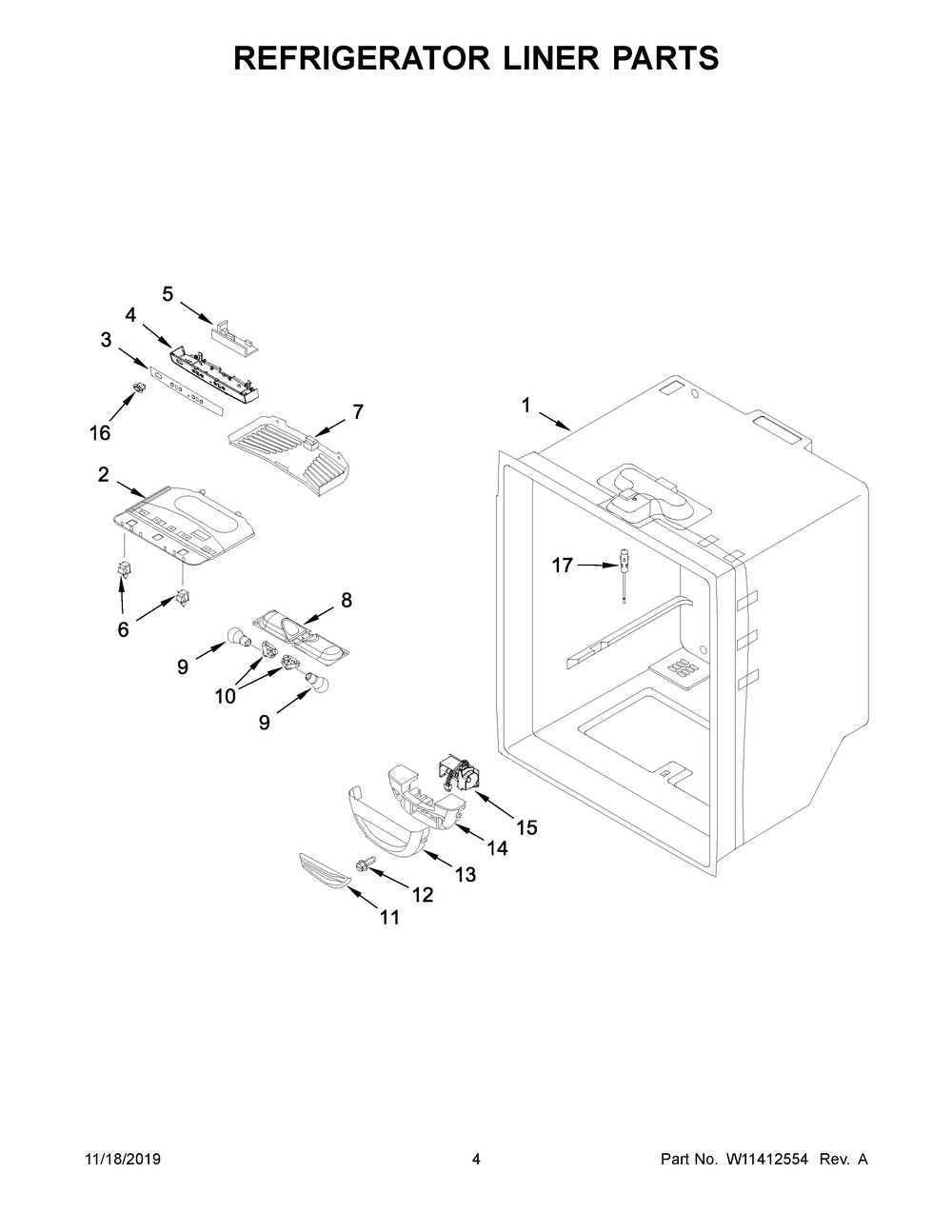 Refrigerator Liner Parts Diagram and Parts List for WRF535SMHB02  Whirlpool Refrigerator