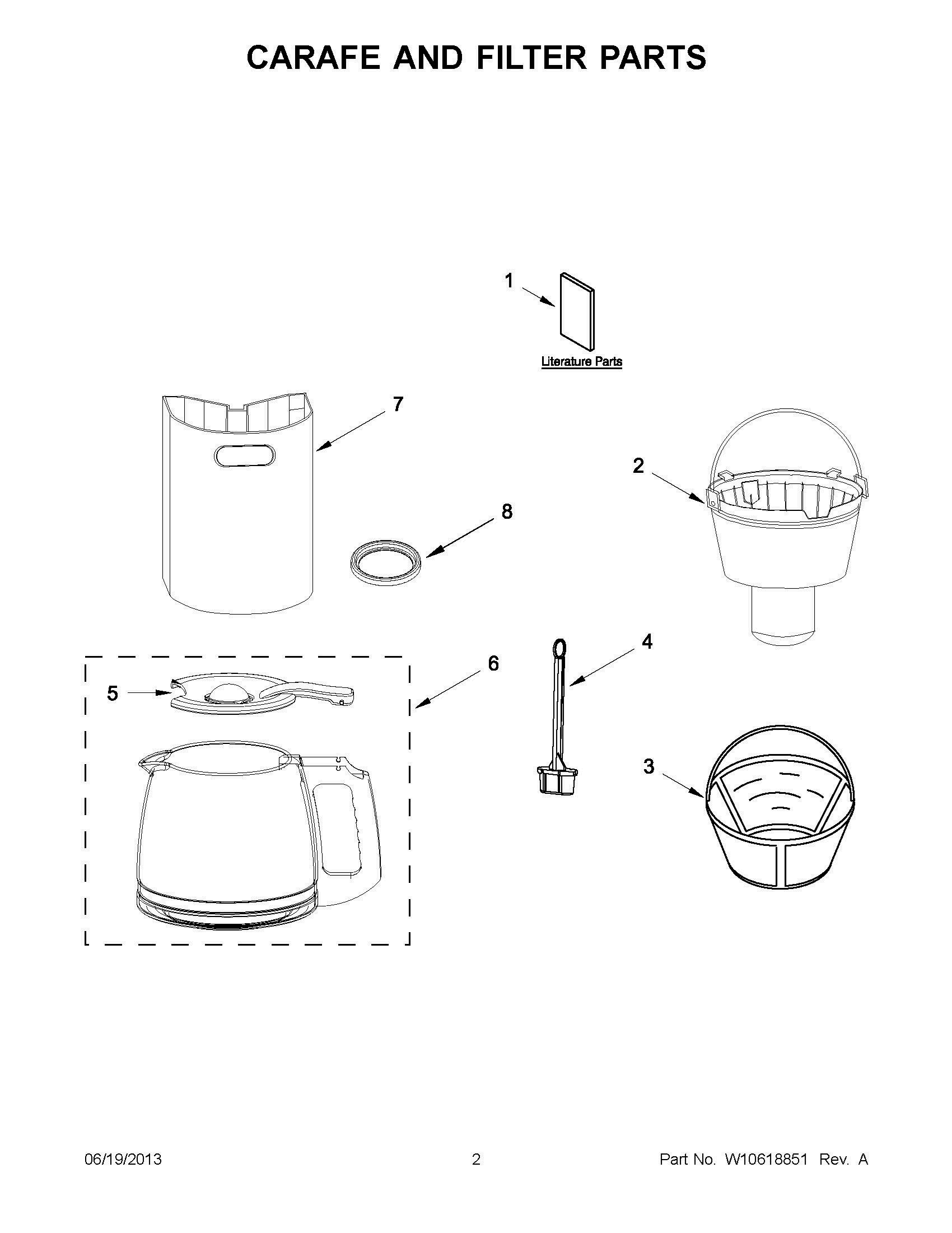 01 - CARAFE AND FILTER PARTS Diagram and Parts List for KCM111OB1  Whirlpool Coffee Maker