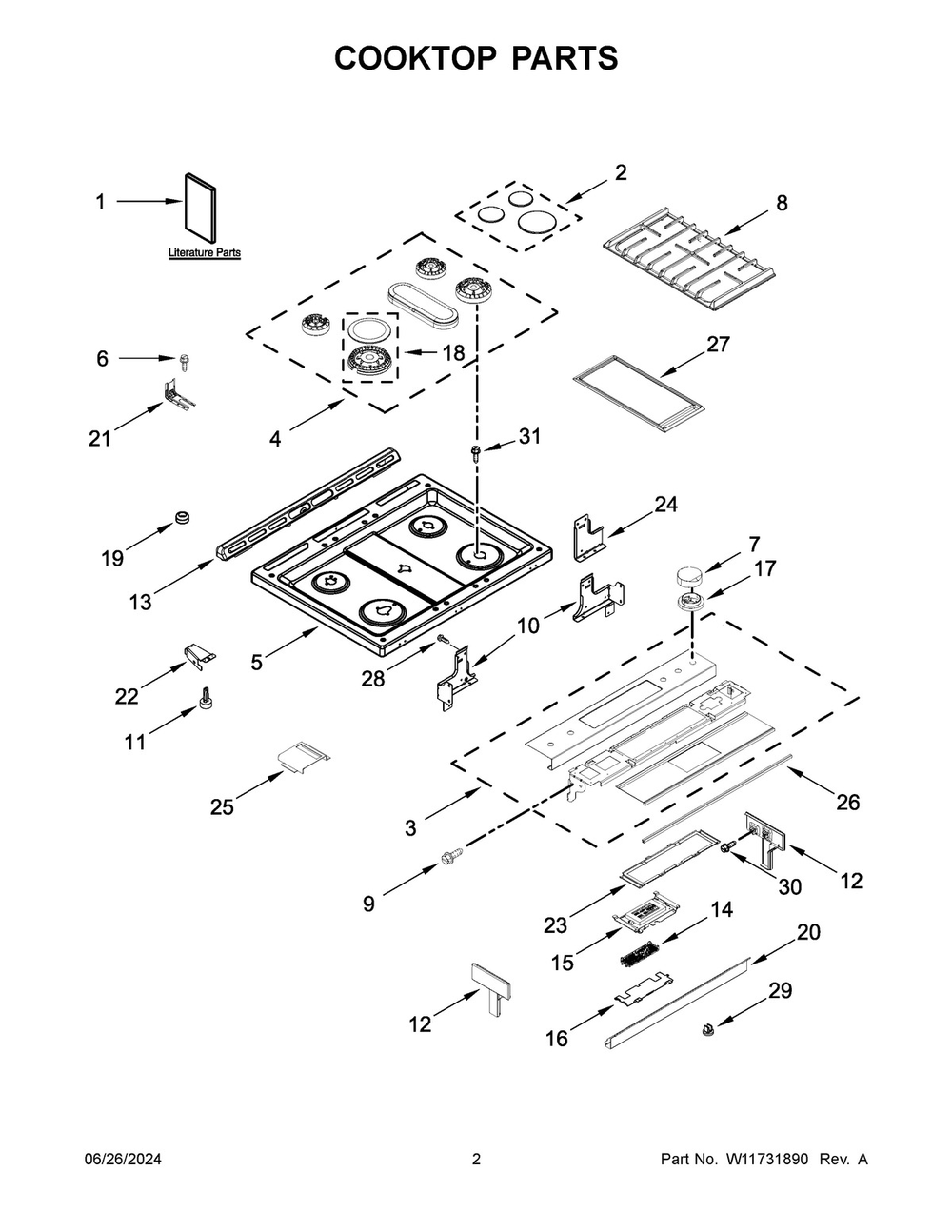 02 - Cooktop Parts Diagram and Parts List for JGS1450ML1  Whirlpool Range