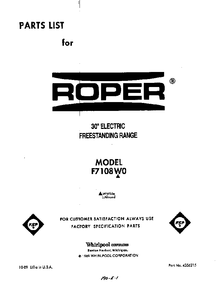 Front Cover Diagram and Parts List for F7108*0  Roper Range