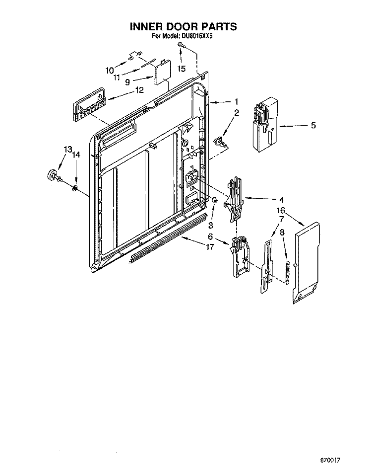 INNER DOOR Diagram and Parts List for DU8016XX5  Whirlpool Dishwasher