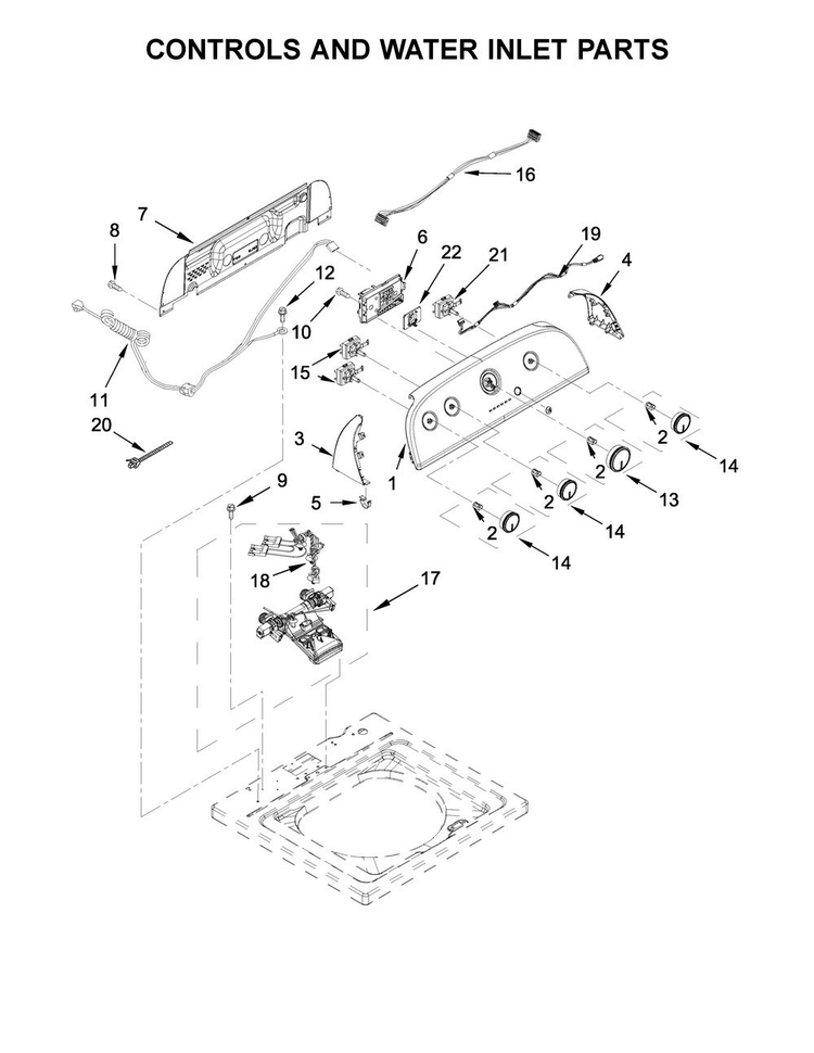 Controls And Water Inlet Parts Diagram and Parts List for 4GWTW3000FW0  Whirlpool Washer