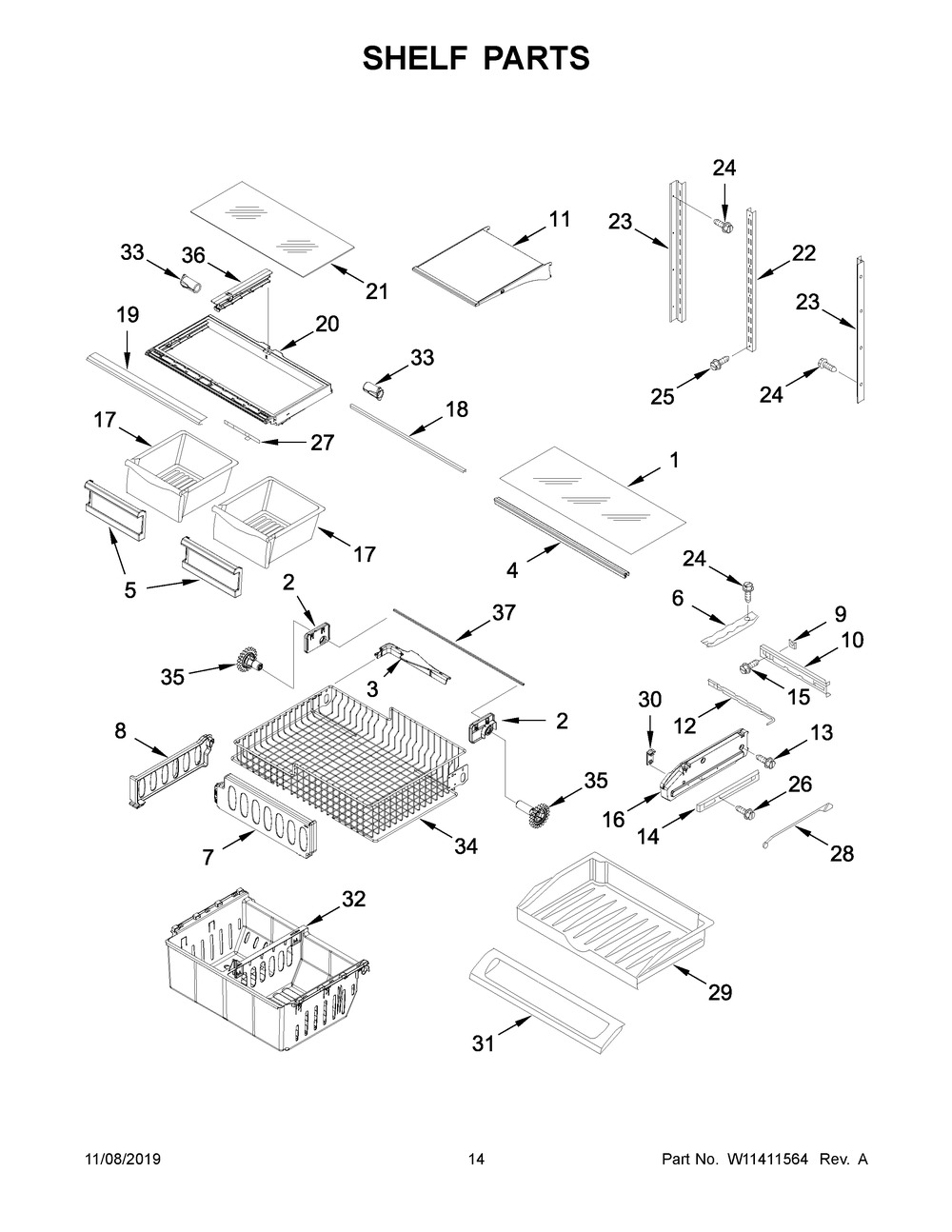 Shelf Parts Diagram and Parts List for WRF535SWHW02  Whirlpool Refrigerator