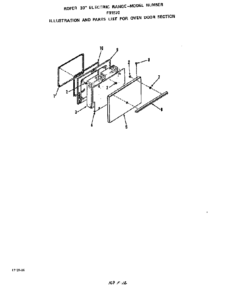 Oven Door Diagram and Parts List for F9157*0  Roper Range