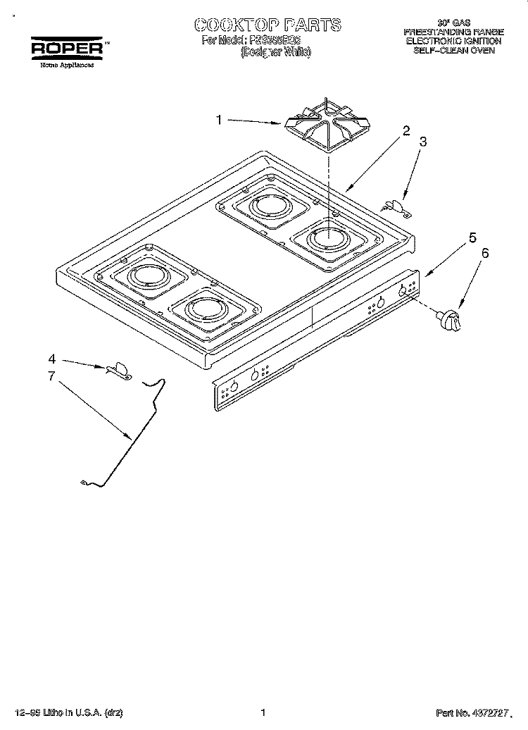 COOKTOP Diagram and Parts List for FGS385BQ3  Roper Range