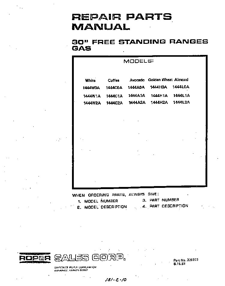 Section 9 Diagram and Parts List for 1444W2A  Roper Range