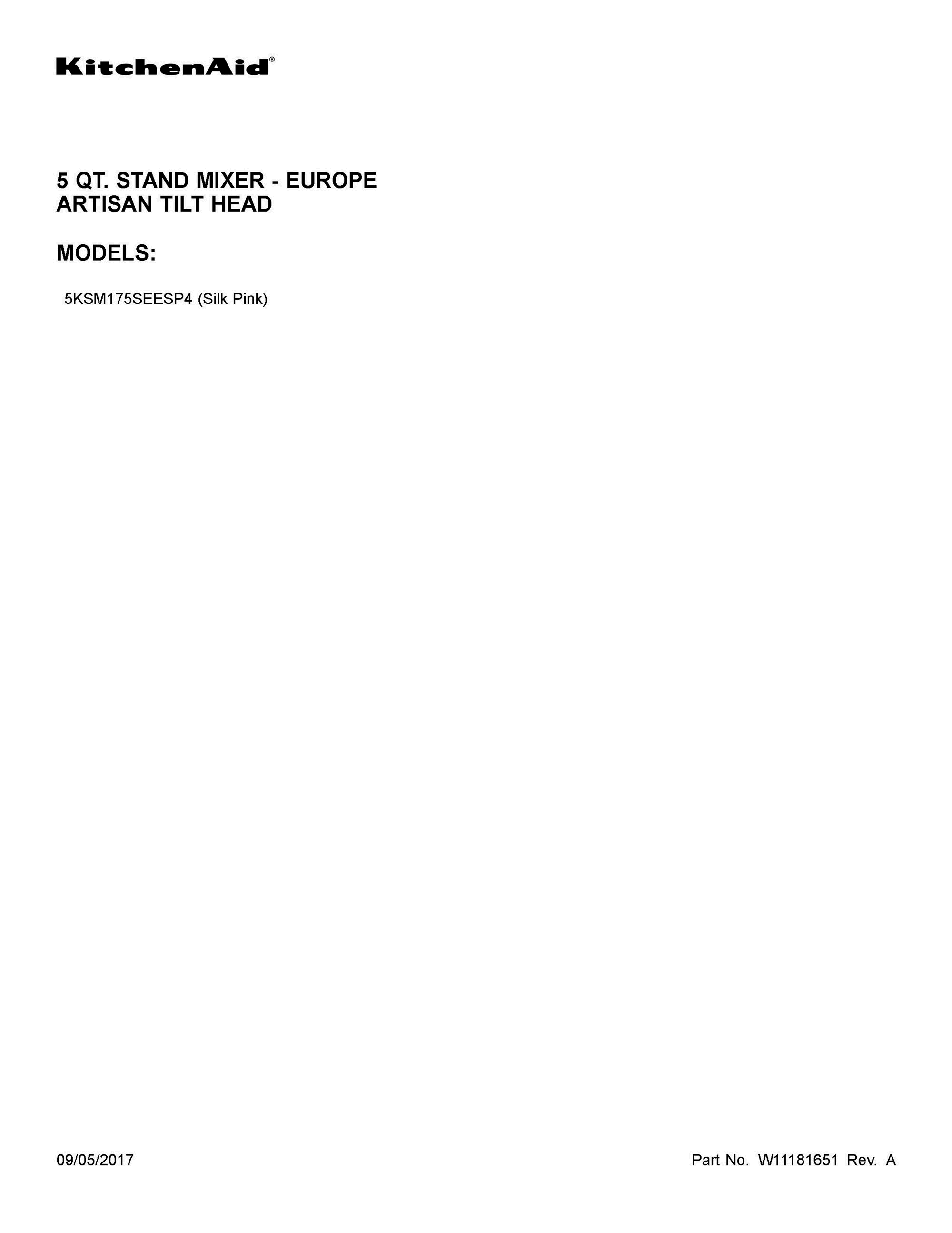 01 - COVER SHEET Diagram and Parts List for 5KSM175SEESP4  Whirlpool Mixer