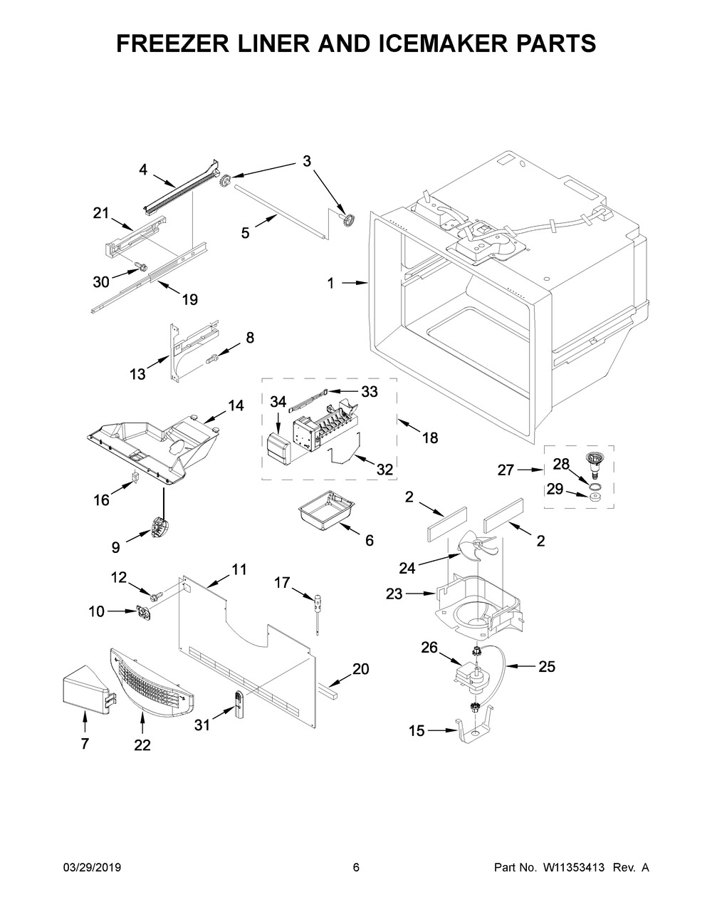 Freezer Liner And Icemaker Parts Diagram and Parts List for WRF540CWHV01  Whirlpool Refrigerator