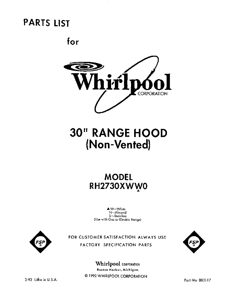 SECTION Diagram and Parts List for RH2730XWN0  Whirlpool Range Hood