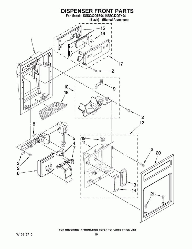 DISPENSER FRONT PARTS Diagram and Parts List for KSSO42QTX04  KitchenAid Refrigerator