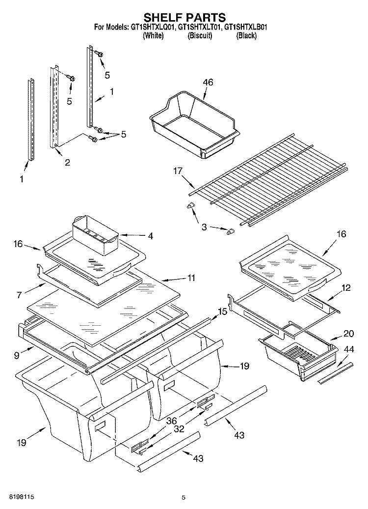 SHELF Diagram and Parts List for GT1SHTXLT01  Whirlpool Refrigerator