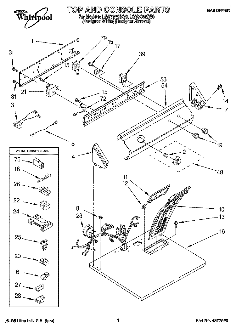 TOP AND CONSOLE, LIT/OPTIONAL Diagram and Parts List for LGV7646DZ0  Whirlpool Dryer