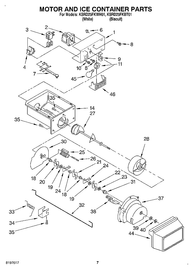 MOTOR AND ICE CONTAINER Diagram and Parts List for KSRD25FKWH01  KitchenAid Refrigerator