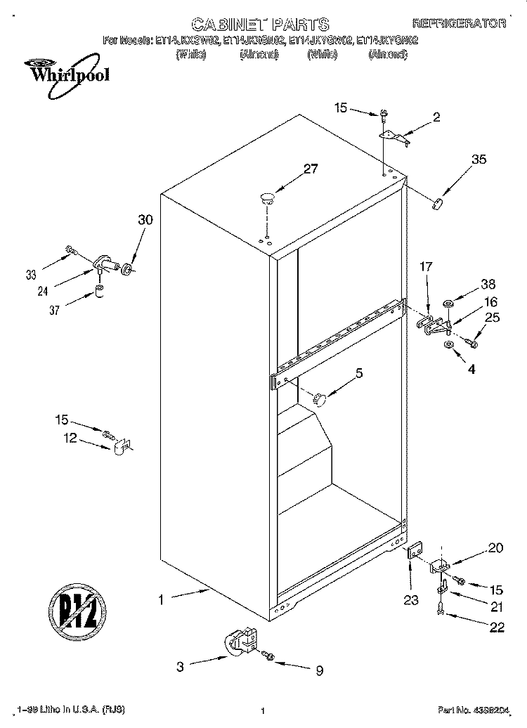 CABINET Diagram and Parts List for ET14JKXGN02  Whirlpool Refrigerator