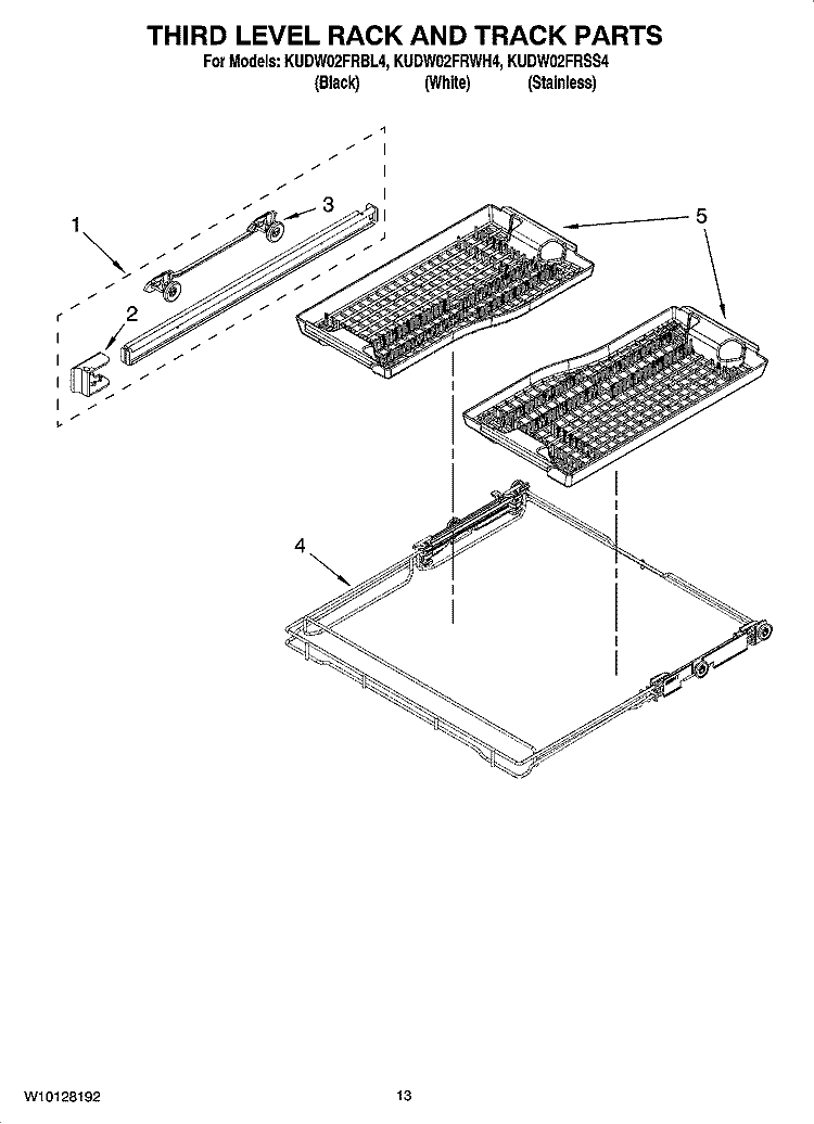 THIRD LEVEL RACK AND TRACK PARTS Diagram and Parts List for KUDW02FRWH4  KitchenAid Dishwasher