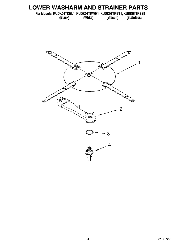 LOWER WASHARM AND STRAINER PARTS Diagram and Parts List for KUDK01TKBT1  KitchenAid Dishwasher