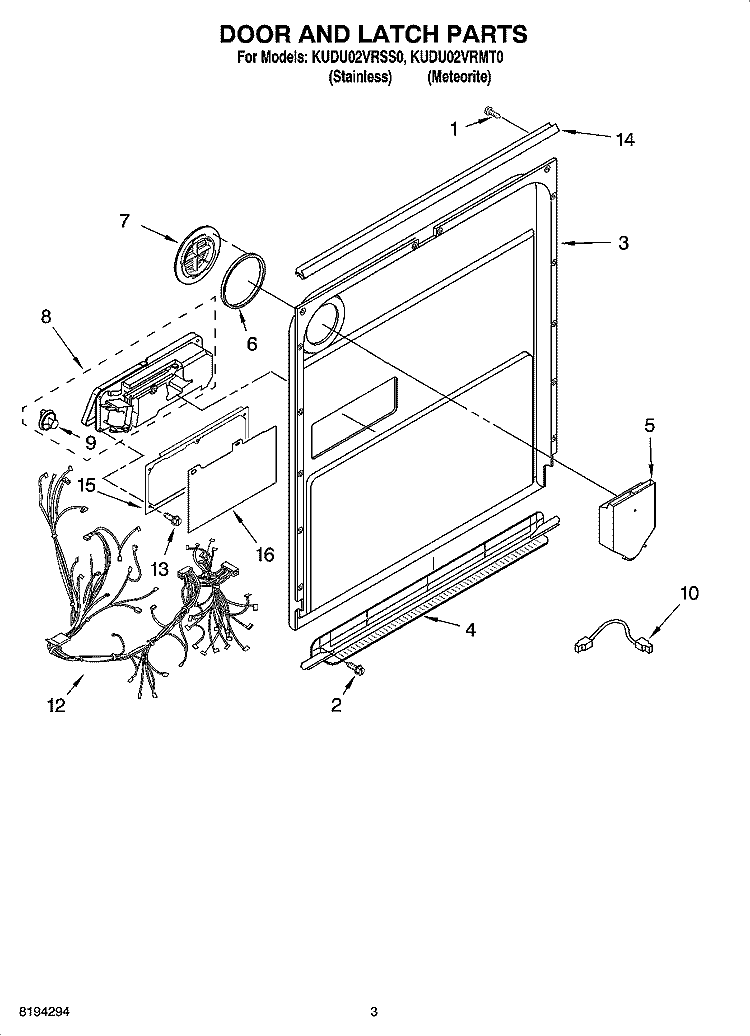 DOOR AND LATCH PARTS Diagram and Parts List for KUDU02VRSS0  KitchenAid Dishwasher