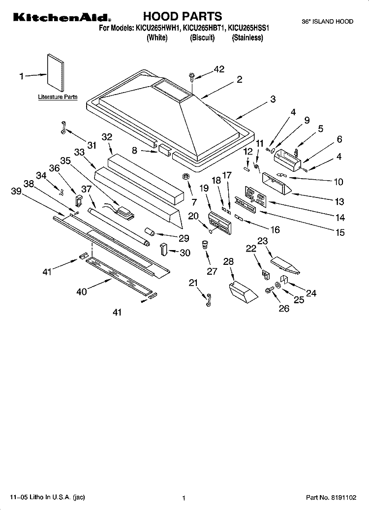 HOOD PARTS Diagram and Parts List for KICU265HBT1  KitchenAid Range Hood