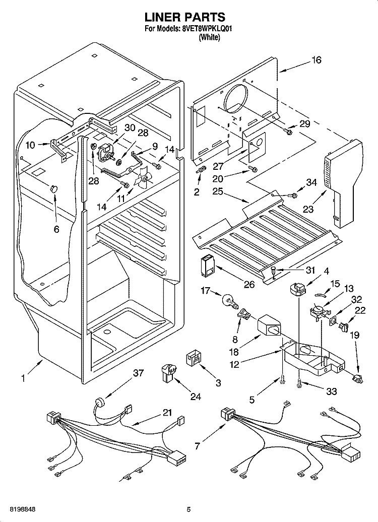 LINER PARTS Diagram and Parts List for 8VET8WPKLQ01  Whirlpool Refrigerator