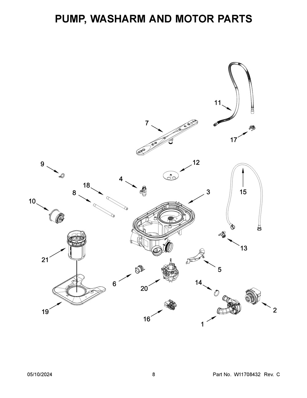 Pump, Washarm And Motor Parts Diagram and Parts List for WDT550SAPW0  Whirlpool Dishwasher