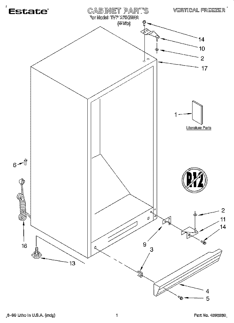 CABINET, LITERATURE Diagram and Parts List for TVF12FRGW02  Whirlpool Freezer