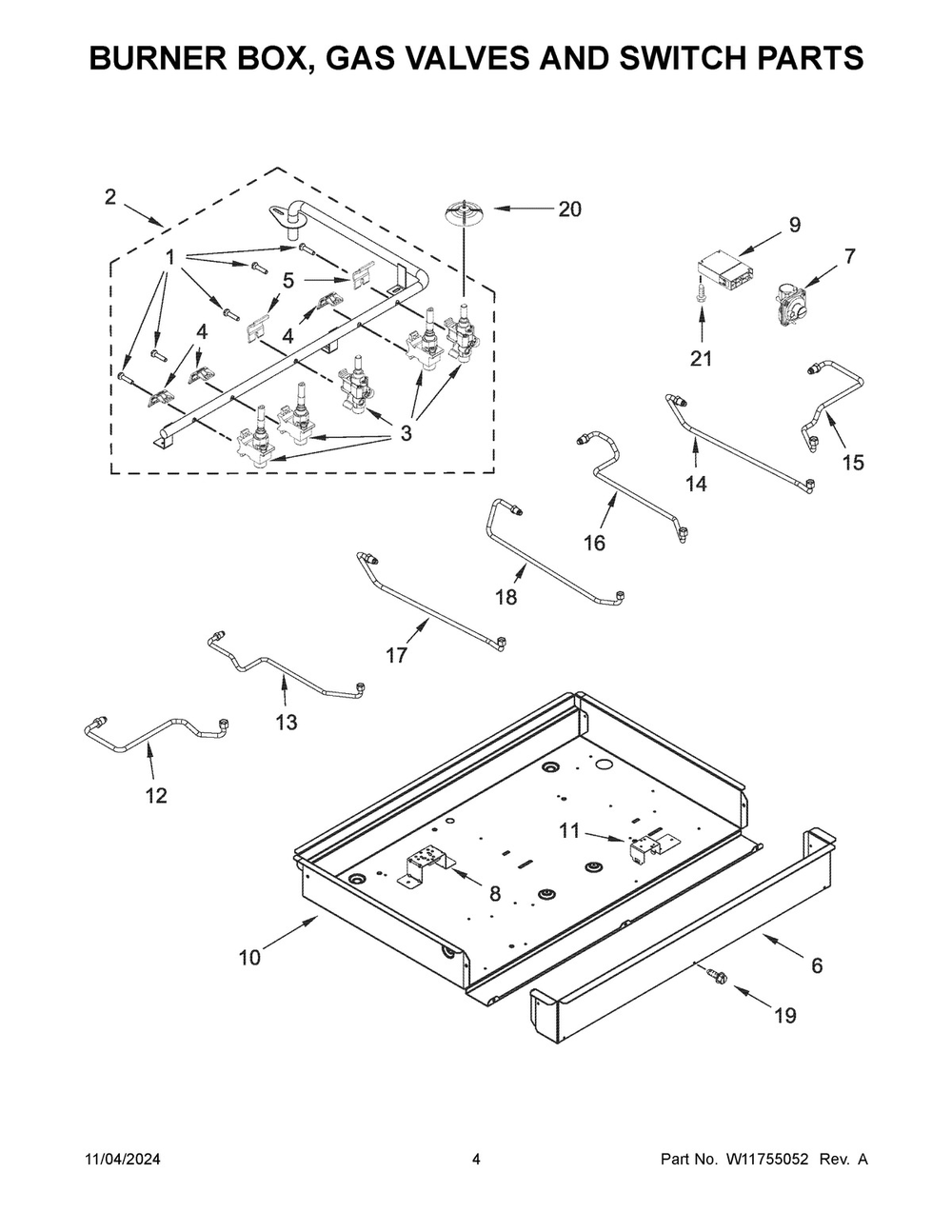 03 - Burner Box, Gas Valves And Switch Parts Diagram and Parts List for KCGS950ESS06  Whirlpool Cooktop