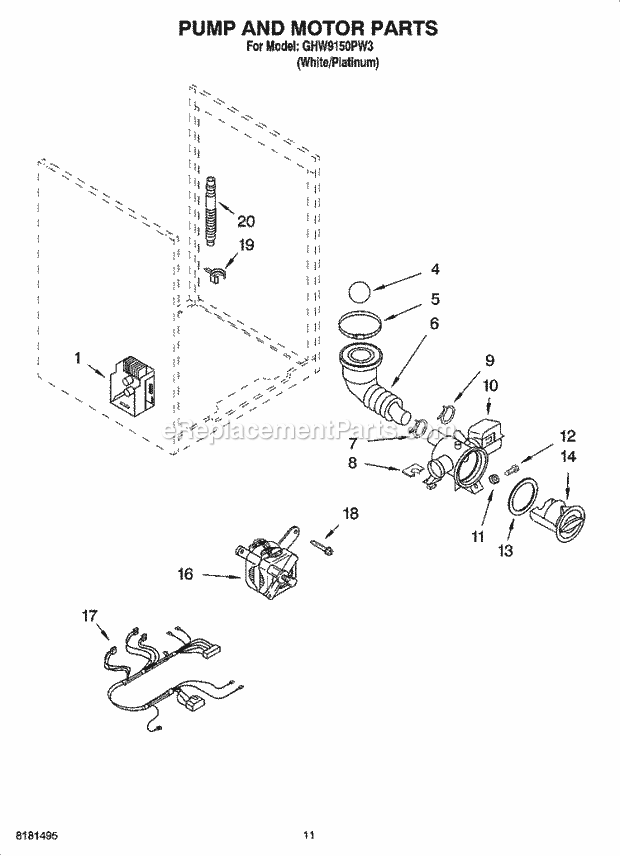 Pump And Motor Parts, Optional Parts (Not Included) Diagram and Parts List for GHW9150PW3  Whirlpool Washer