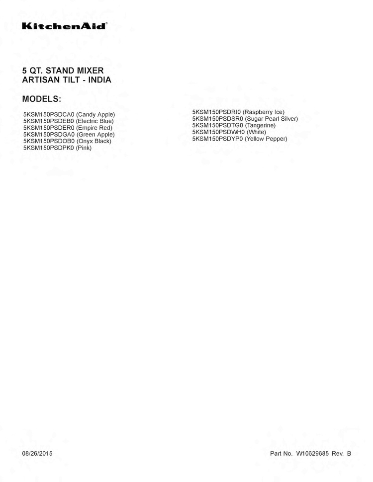 Cover Sheet Diagram and Parts List for 5KSM150PSDRI0  KitchenAid Mixer