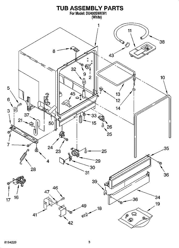 TUB ASSEMBLY PARTS Diagram and Parts List for DU400SWKW1  Whirlpool Dishwasher