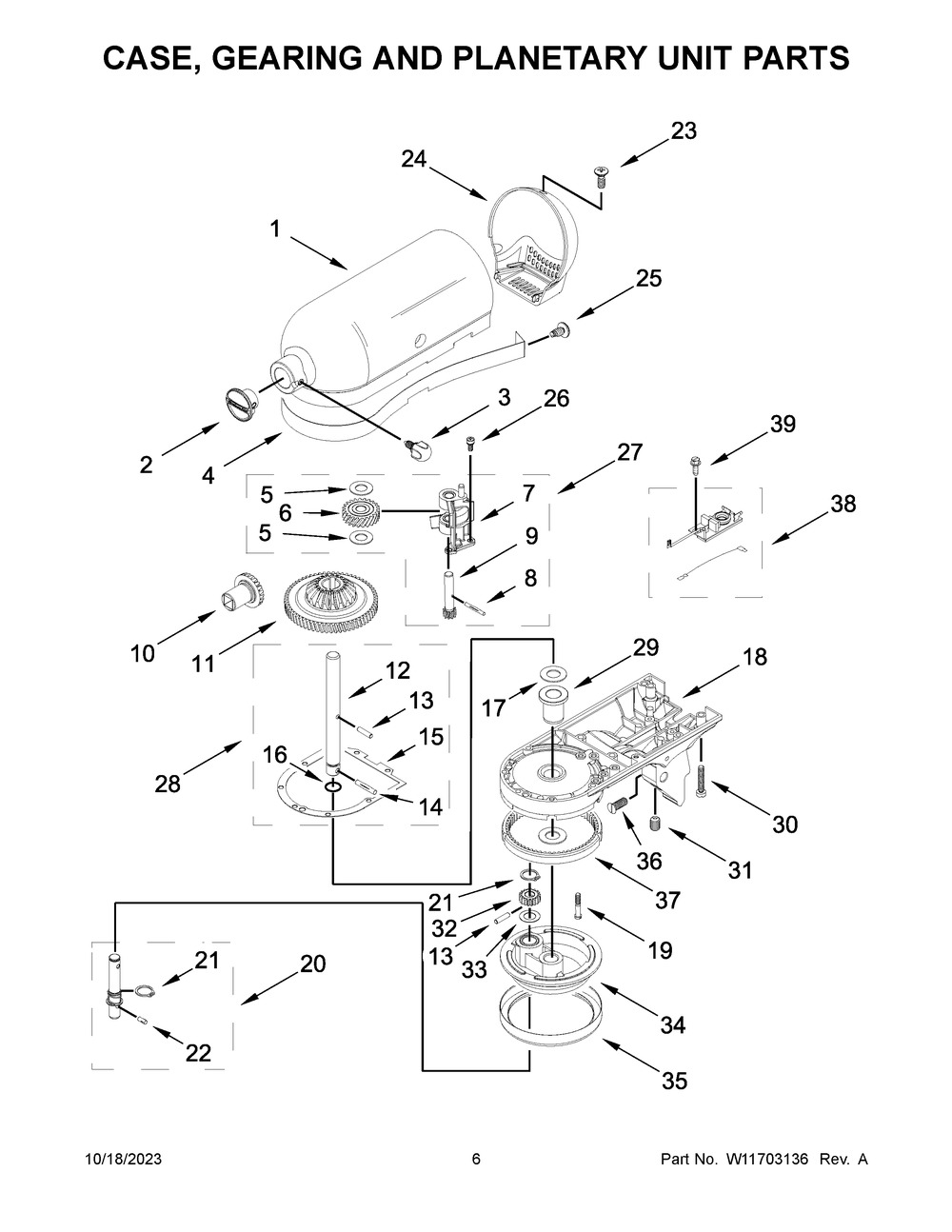Case, Gearing And Planetary Unit Parts Diagram and Parts List for 5KSM195PSZBE5  KitchenAid Mixer