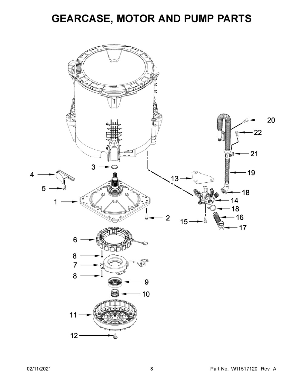 Gearcase, Motor And Pump Parts Diagram and Parts List for WTW8127LC0  Whirlpool Washer