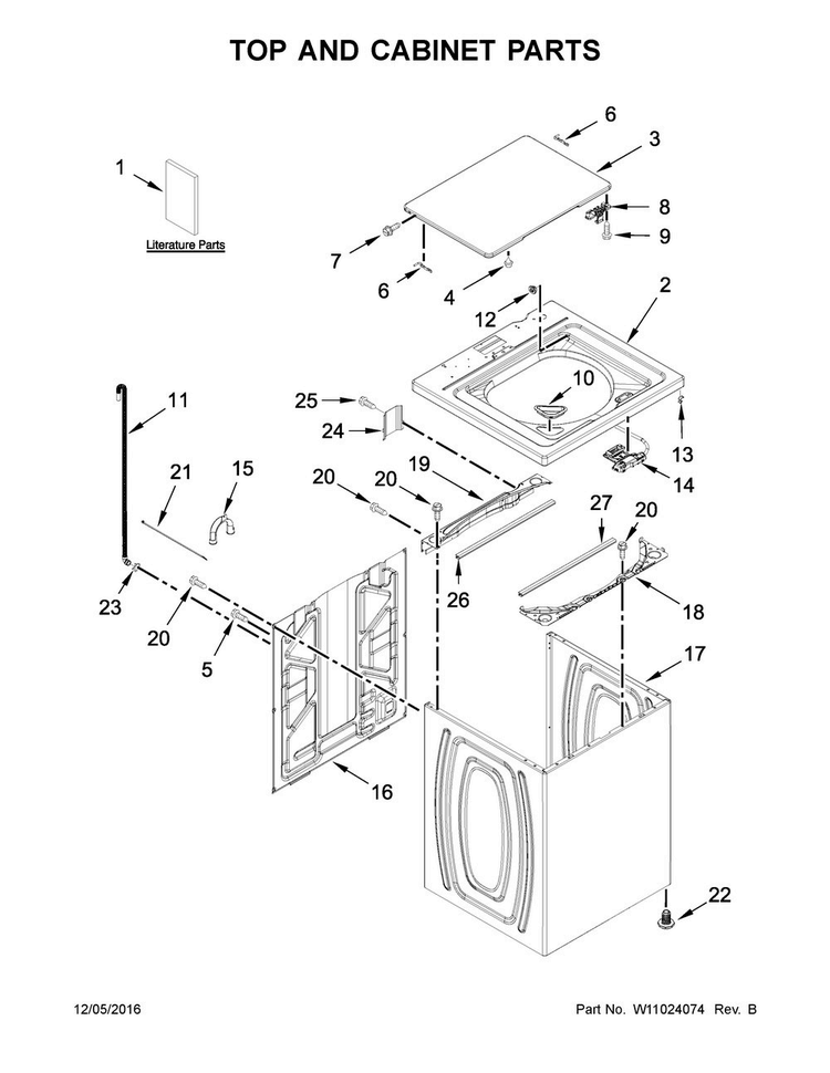 Top And Cabinet Parts Diagram and Parts List for 4KWTW4705FW0  Whirlpool Washer