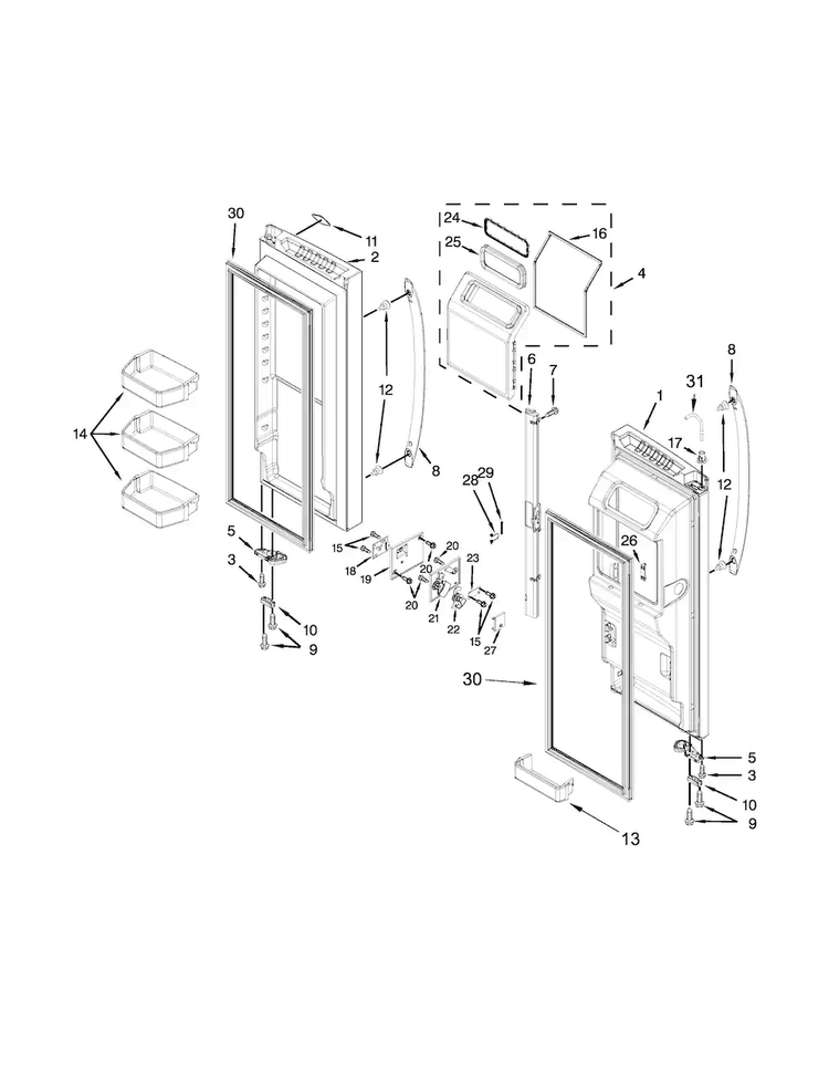 Refrigerator Door Parts Diagram and Parts List for WRX988SIBH00  Whirlpool Refrigerator