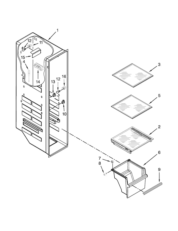 Freezer Liner Parts Diagram and Parts List for WRS571CIDW00  Whirlpool Refrigerator