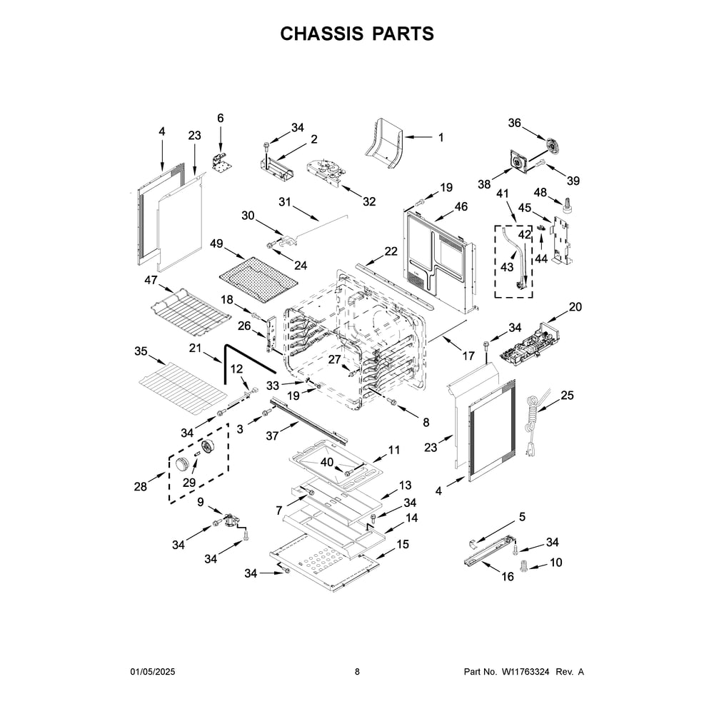 Chassis Parts Diagram and Parts List for WFGS7530RB1  Whirlpool Range