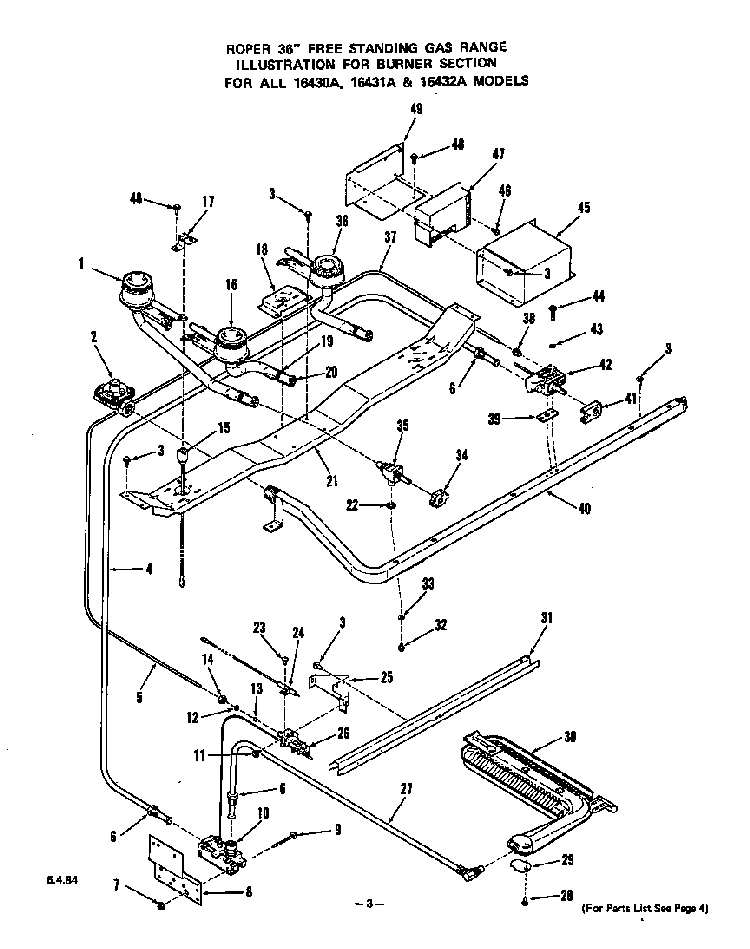 Burner Diagram and Parts List for 1643*0A  Roper Range