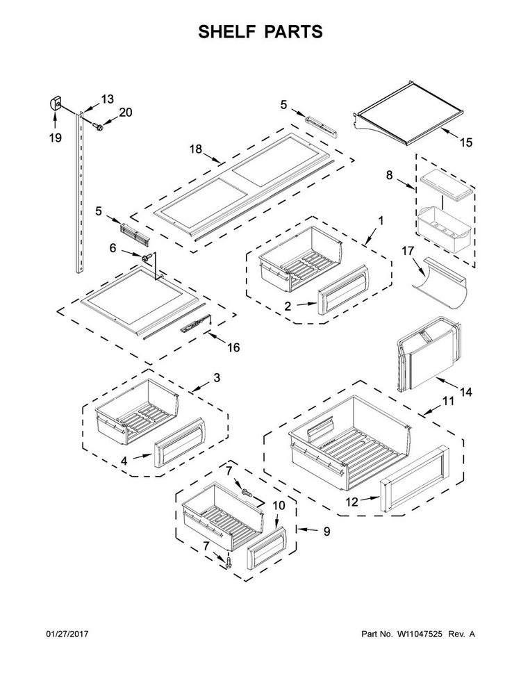 Shelf Parts Diagram and Parts List for KBBR306EPA01  KitchenAid Refrigerator